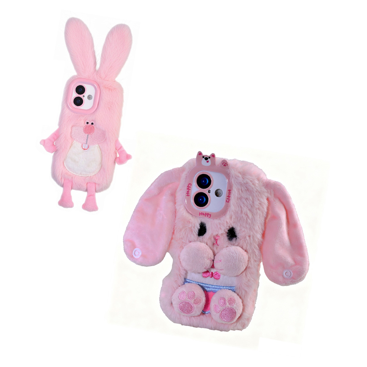 Two different pink plush rabbit case designs for the iPhone 17