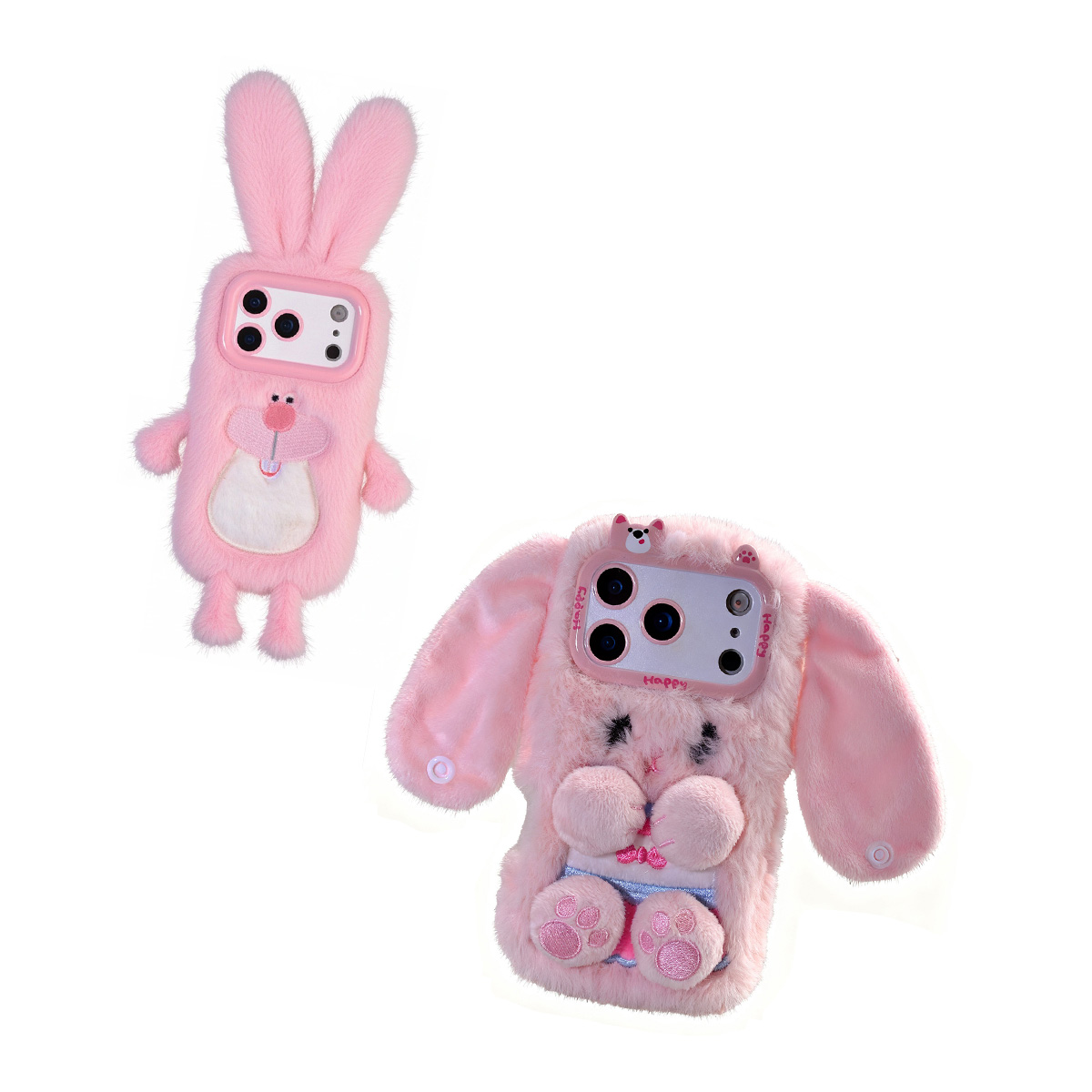 Two different pink plush rabbit case designs for the iPhone 17 Pro