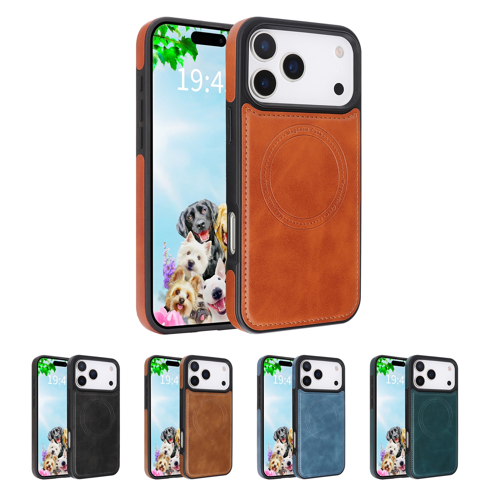 Vegan Leather Magnetic Case for iPhone 17 Pro Max with MagSafe compatibility, in blue, black, brown, light brown and dark green