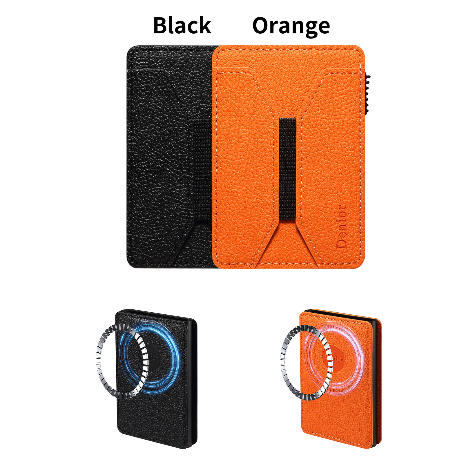 MagSafe iPhone Wallet - Magnetic Leather Card Holder with Elastic Strap and RFID Protection - Orange and Black