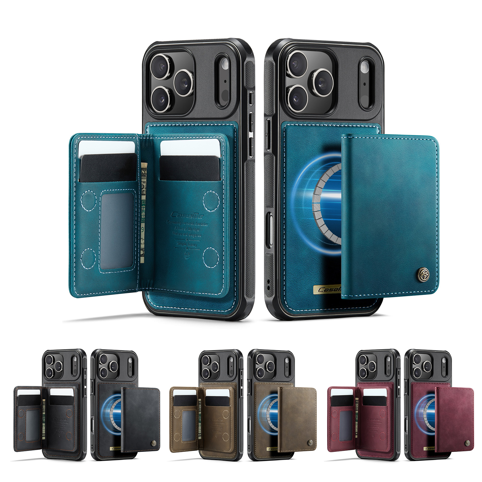 Black MagSafe Wallet iPhone Case - RFID-Blocking Leather Flip Cover with Multi-Card in Black, Blue, Red and Brown