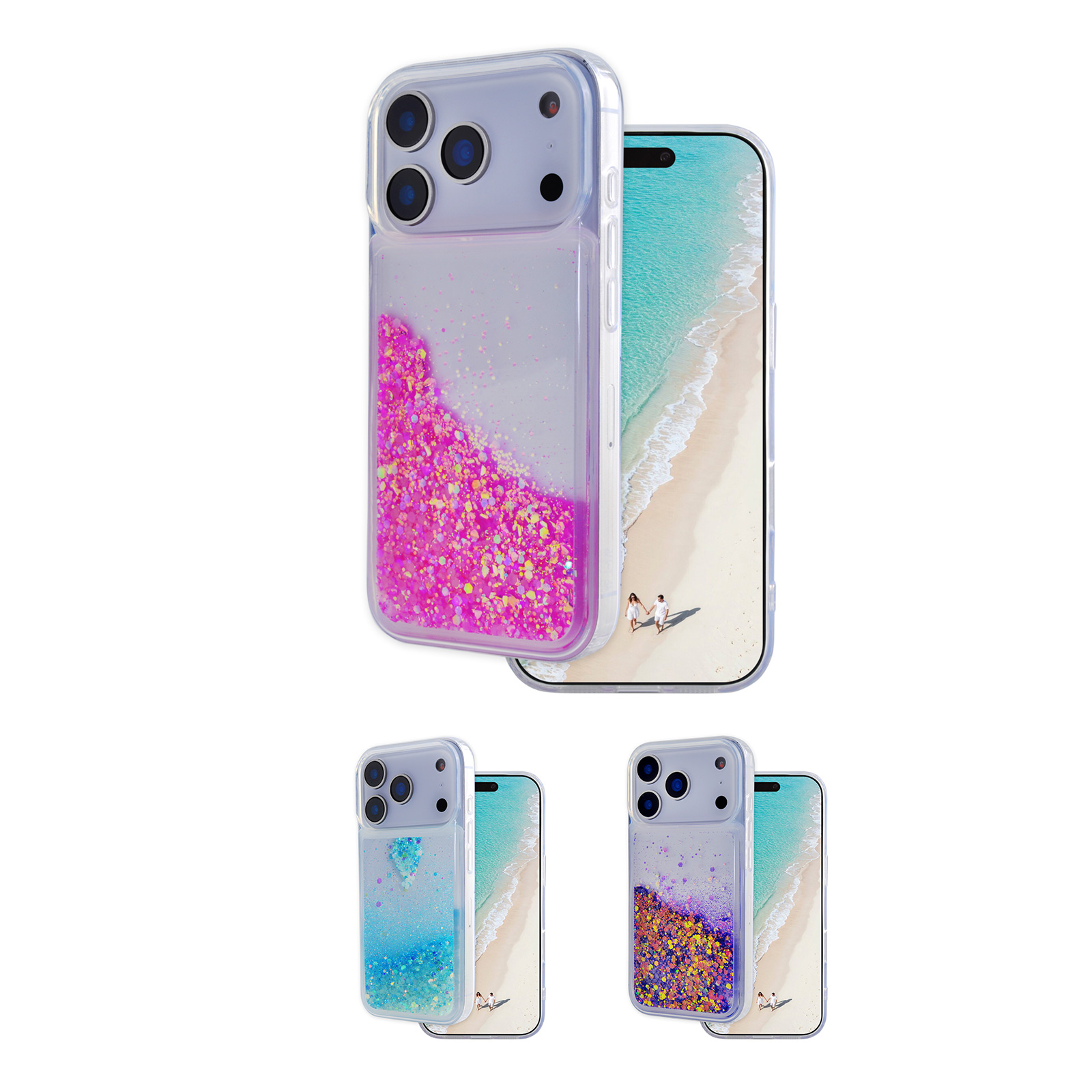 Glitter Liquid iPhone Case - Flowing Sparkle Phone Cover for iPhone 17 Pro in Light Blue, Purple and Pink