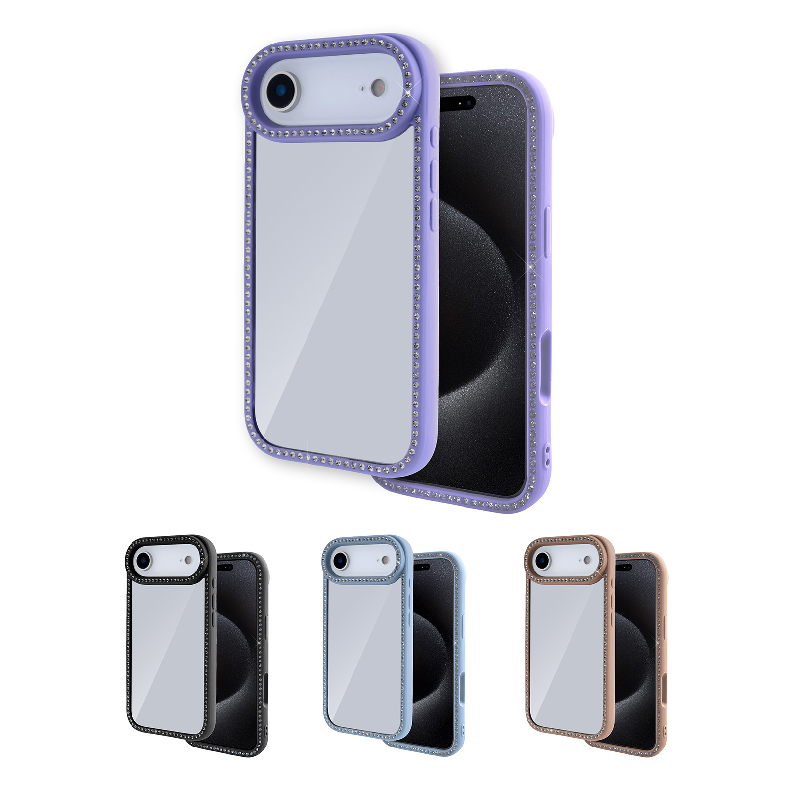 Rhinestone Mirror iPhone 17 Air Case - Bling Shockproof Phone Cover with Crystal Detailing in purple, brown, light blue and black.