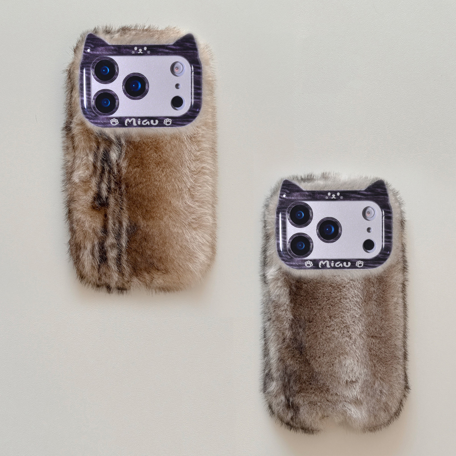 Faux Fur Fluffy iPhone Case - Cute Cat Ear Design Phone Cover for iPhone 17 Pro Max (Brown and Black)