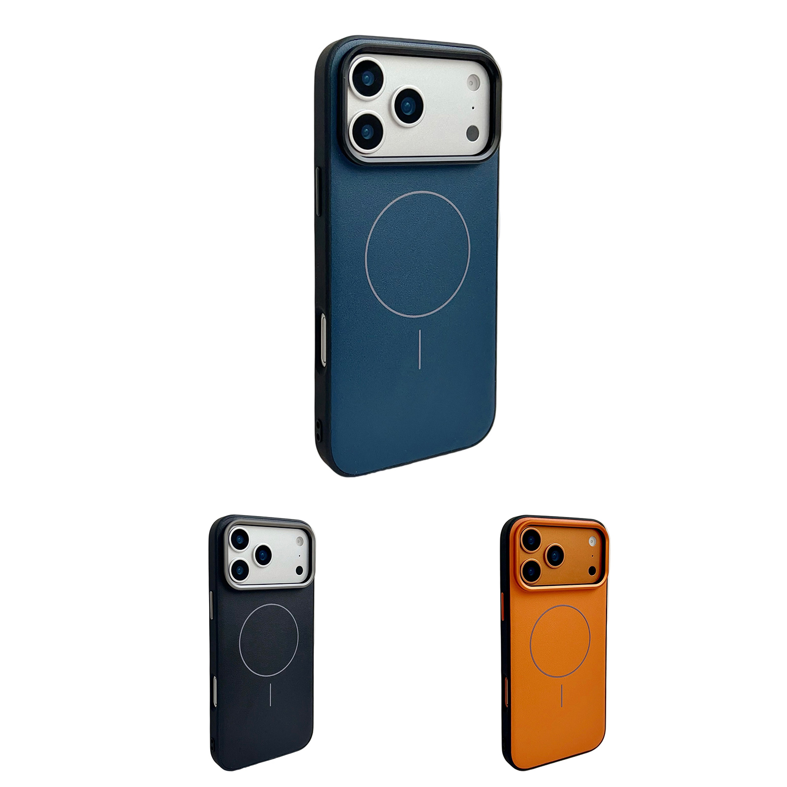 Dark Blue/Black/Orange PU Leather Magnetic iPhone Case - MagSafe Compatible Protective Phone Cover for iPhone17 Pro Max