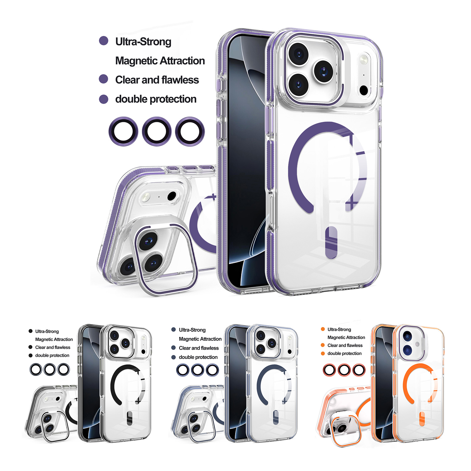 Purple/Black/Dark Blue/Orange Magnetic iPhone17 Pro Max Case - Hidden Foldable Stand and Clear Double Protection